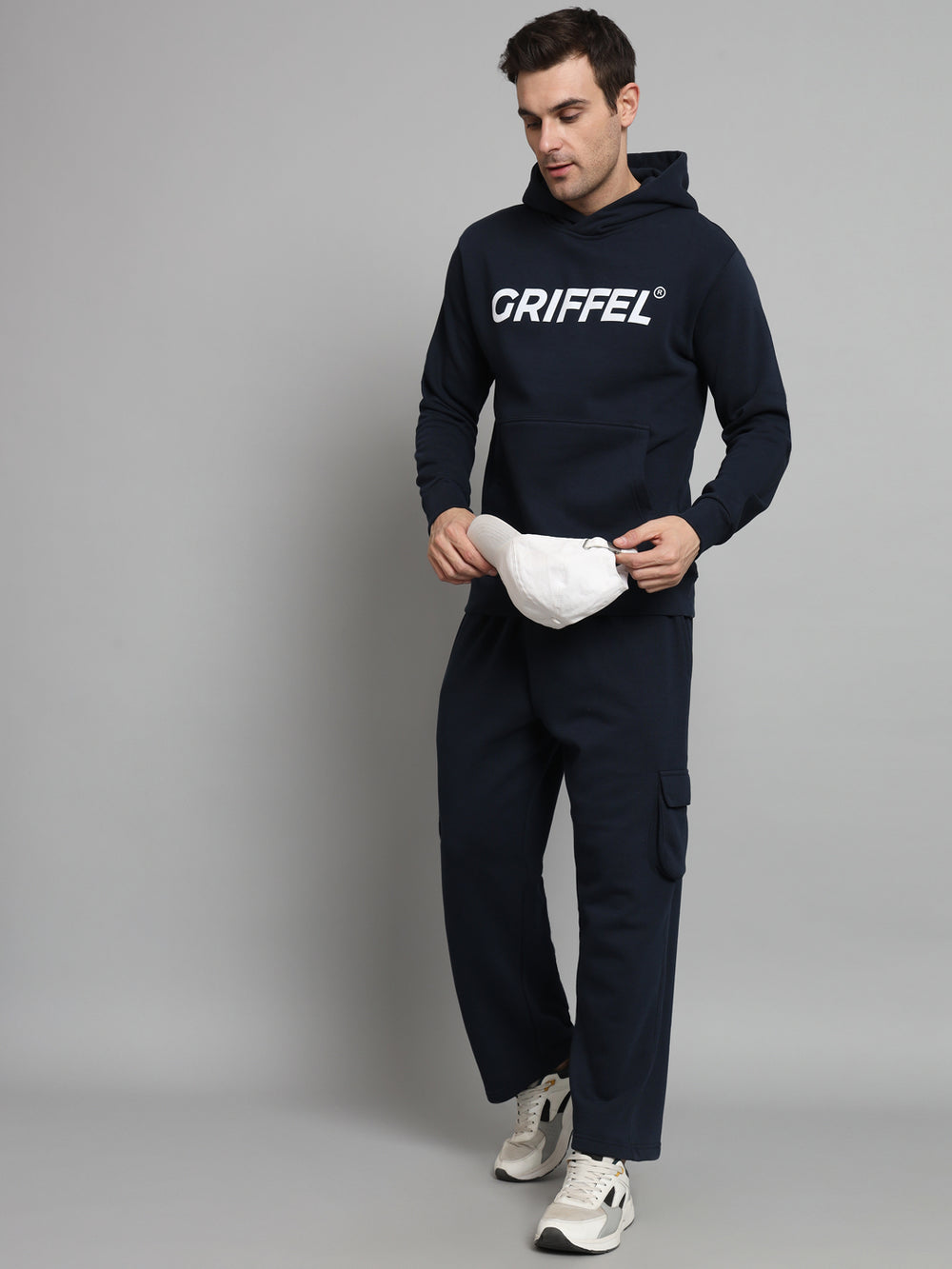 GRIFFEL Men Oversized Fit Fleece 5 Pocket Front Logo Navy Trackpants - griffel