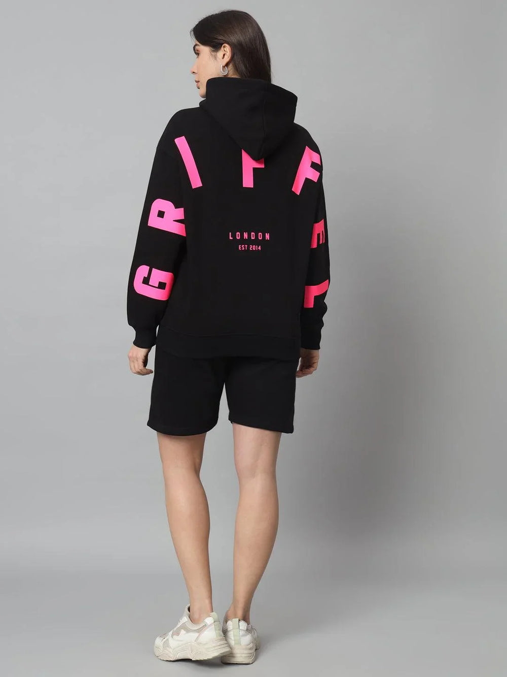 Griffel Women Oversized Black GRIFFEL Print 100% Cotton Fleece Hoodie and Short Full set Tracksuit - griffel