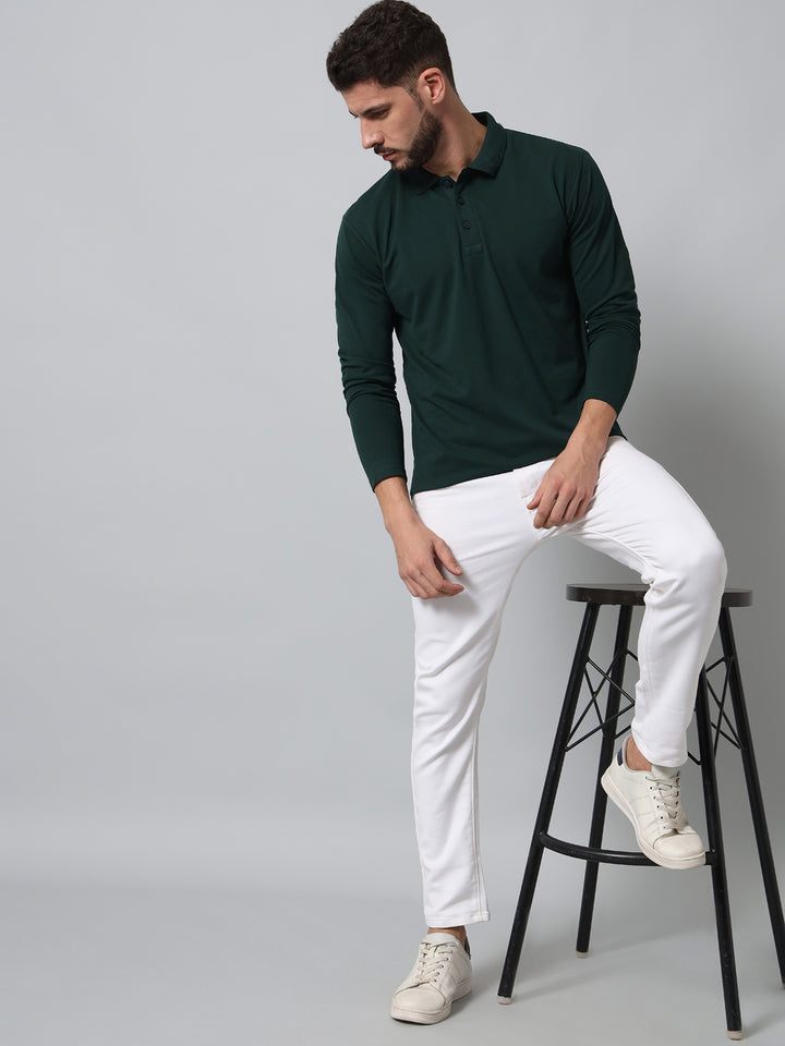 GRIFFEL Men's White Signature Print Cotton Full Sleeve Polo T-shirt