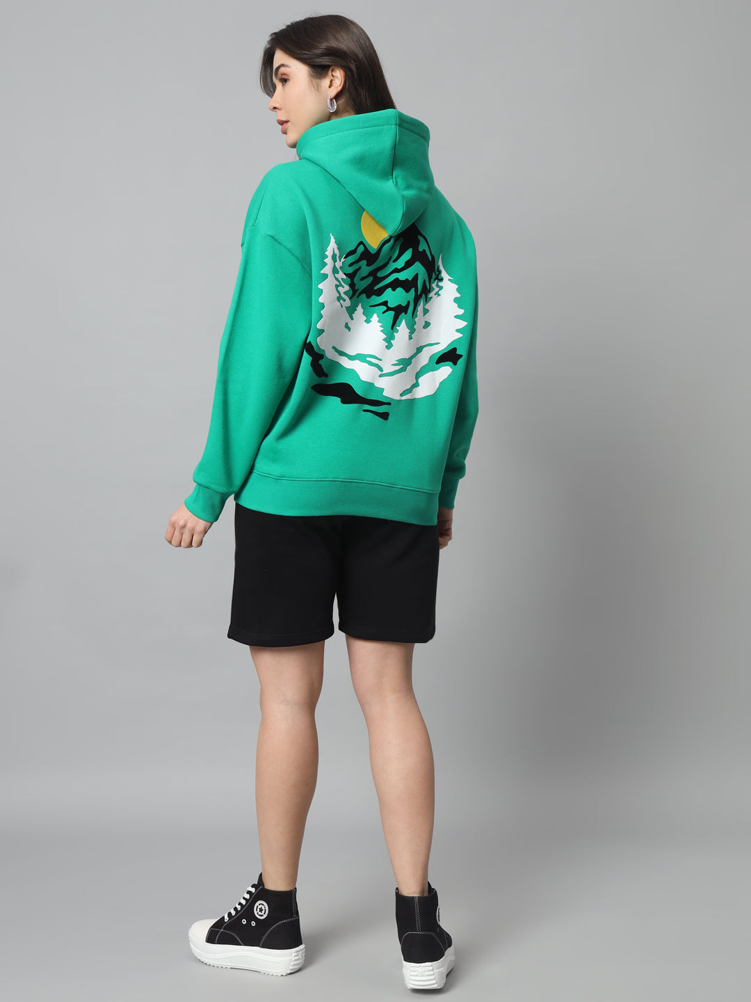 Griffel Women Oversized Neon Green MOUNTAIN Print 100% Cotton Fleece Hoodie and Short Full set Tracksuit - griffel