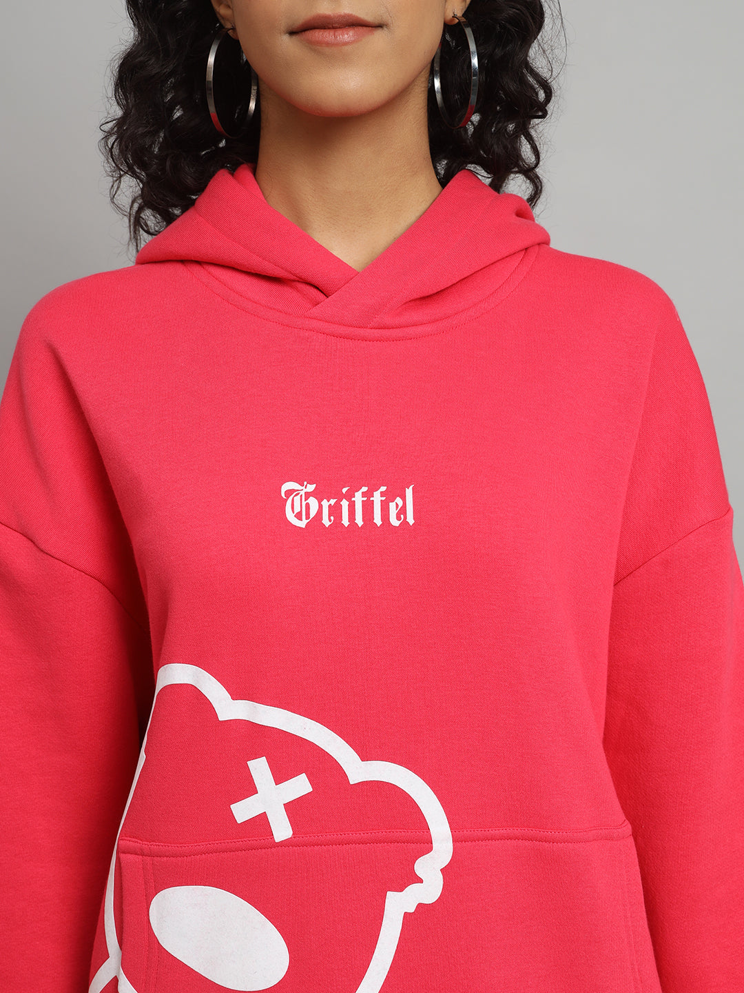 Griffel Women Oversized Fit TEDDY Print 100% Cotton Neon Pink Fleece Hoodie and trackpant - griffel