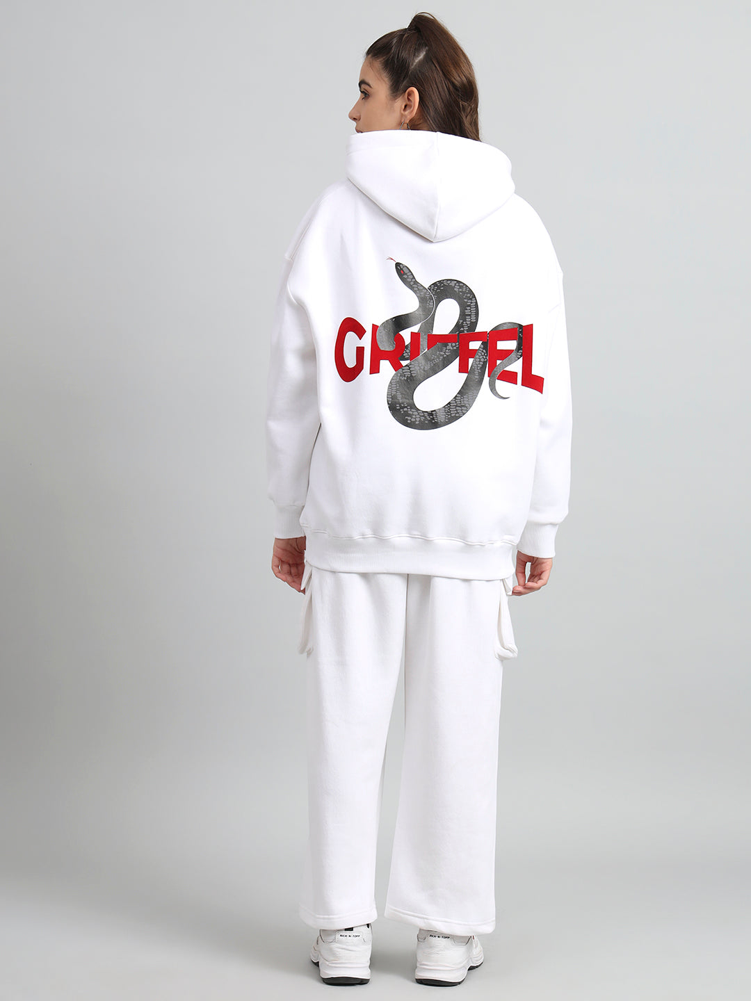 Griffel Women SNAKE Print Front Logo 100% Cotton White Fleece Hoodie and trackpant - griffel