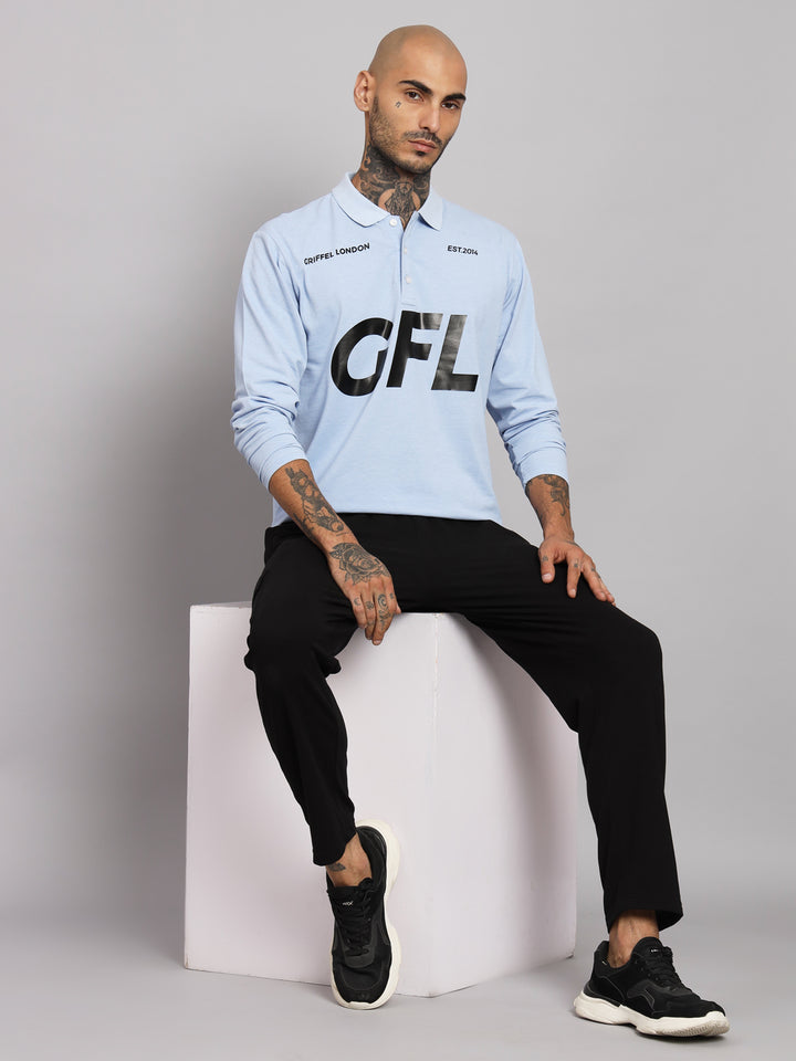 GRIFFEL Men's Sky Blue GFL Printed Cotton Full Sleeve Polo T-shirt