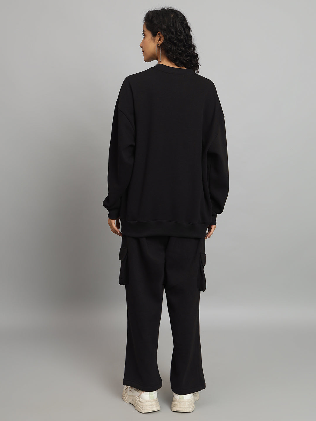 Griffel Women Oversized GFL Print Fit Basic Round Neck 100% Cotton Fleece Black Tracksuit - griffel