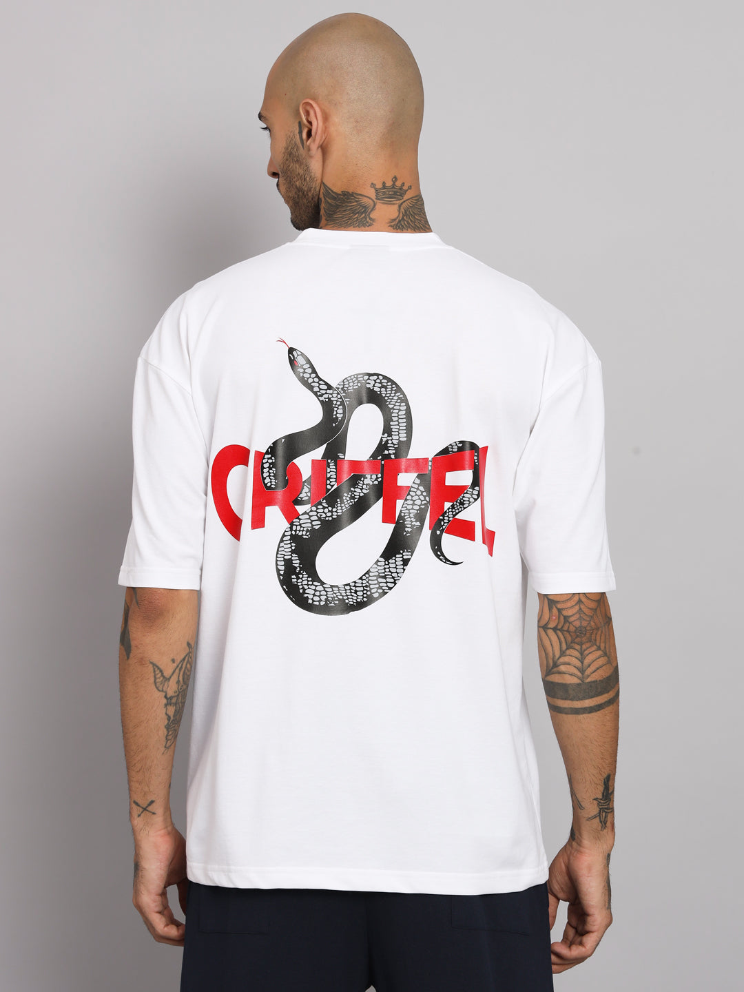 GRIFFEL Men REFLECTIVE SNAKE Printed White Loosefit Cotton T-shirt - griffel
