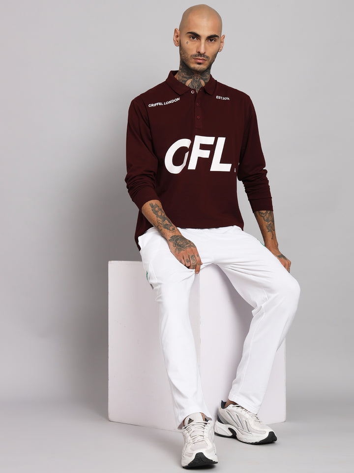 GRIFFEL Men's Maroon GFL Printed Cotton Full Sleeve Polo T-shirt