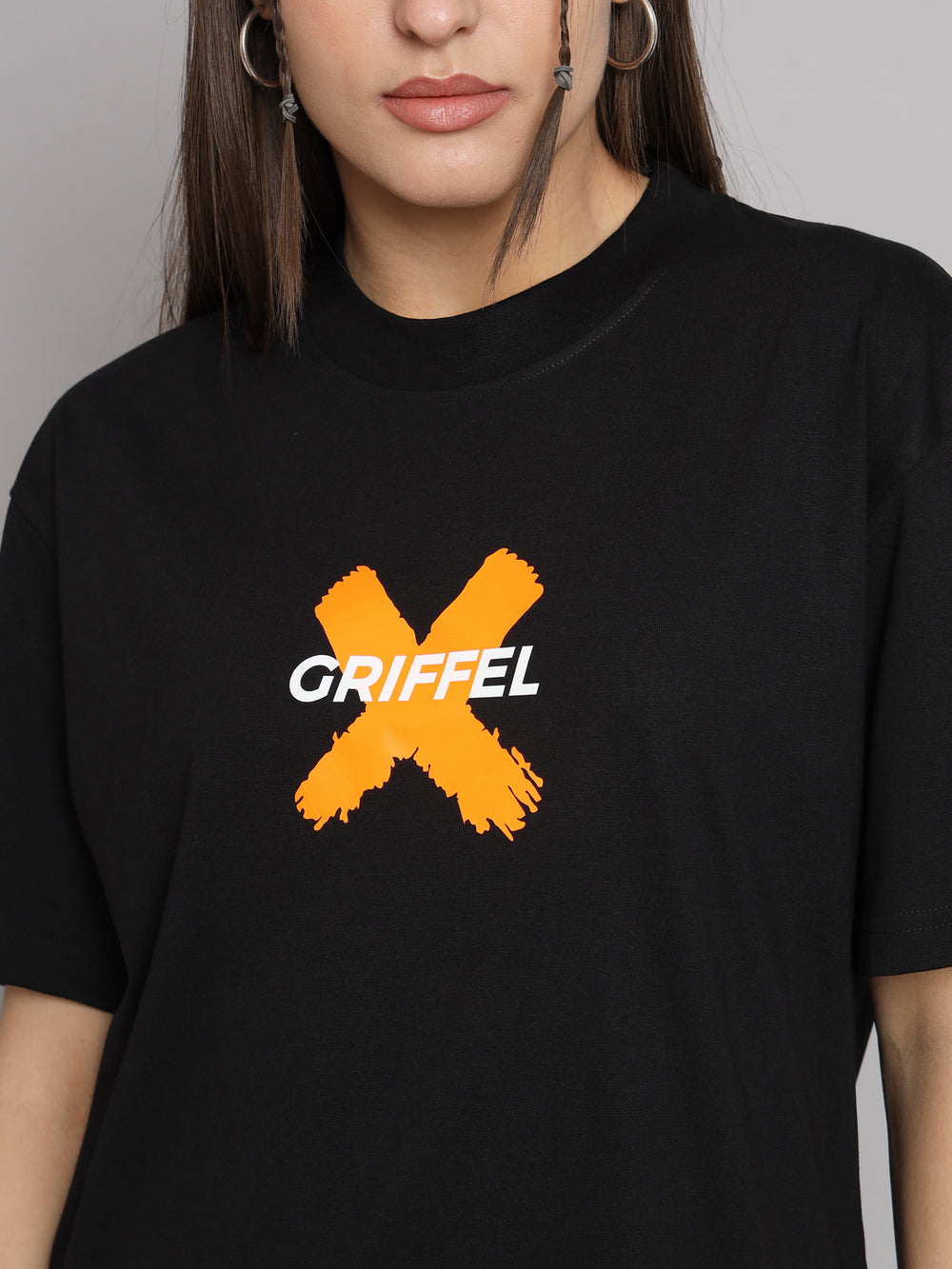 GRIFFEL Women Printed Loose fit Orange Bunny Black T-shirt - griffel