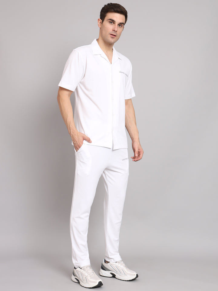 Griffel Men's Pre Winter Front Logo Solid Cotton Basic White Bowling Shirt and Joggers Full Co-Ord Set - griffel