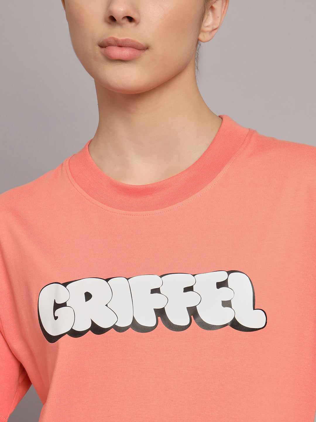 GRIFFEL Women Printed Loose fit Peach T-shirt - griffel