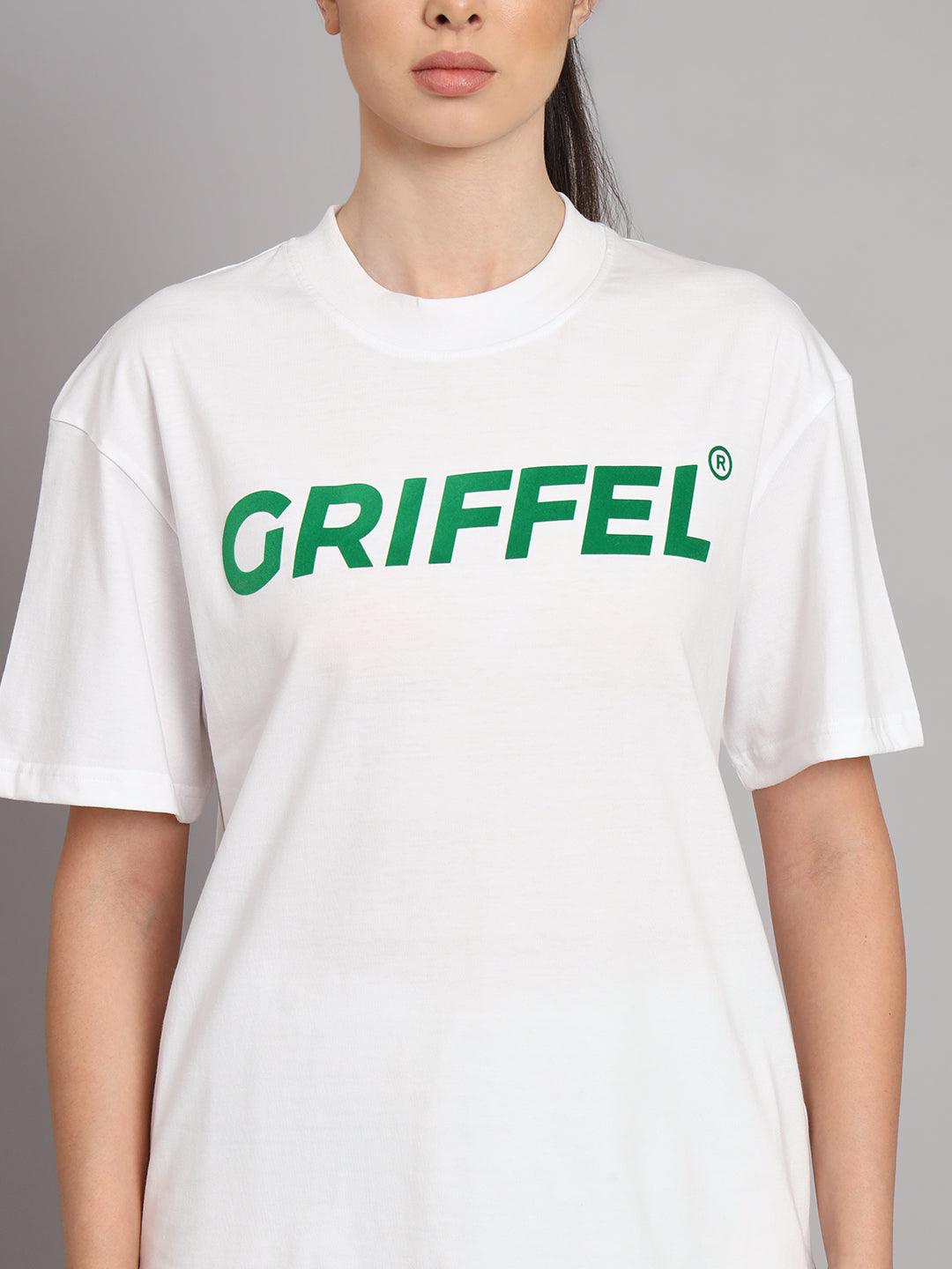 GRIFFEL Women Printed Loose fit White T-shirt and Bell Bottom Trackpant Set - griffel