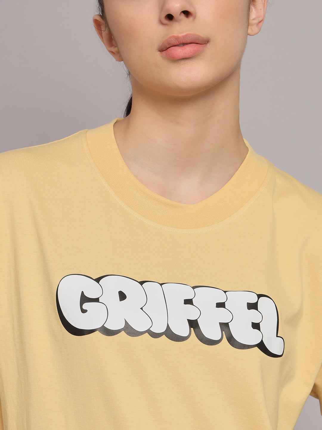 GRIFFEL Women Printed Loose fit Light Yellow T-shirt - griffel