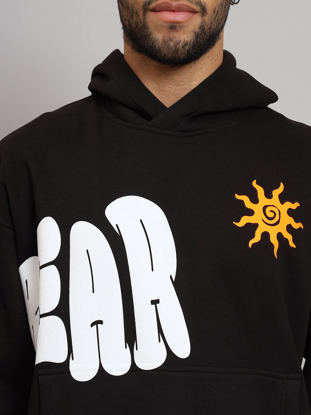 Griffel Men's BEAR Print Front Logo Oversized Fleece Hoodie Bottle Black Sweatshirt - griffel