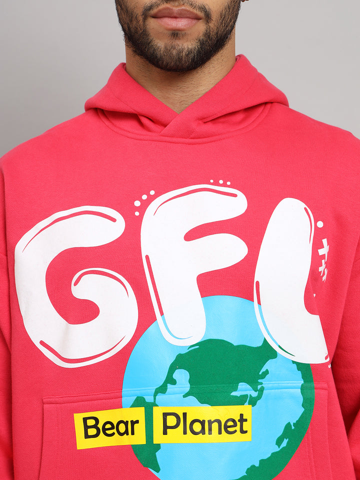 Griffel Men's EARTH Print Front Logo Oversized Fleece Hoodie Neon Black Sweatshirt