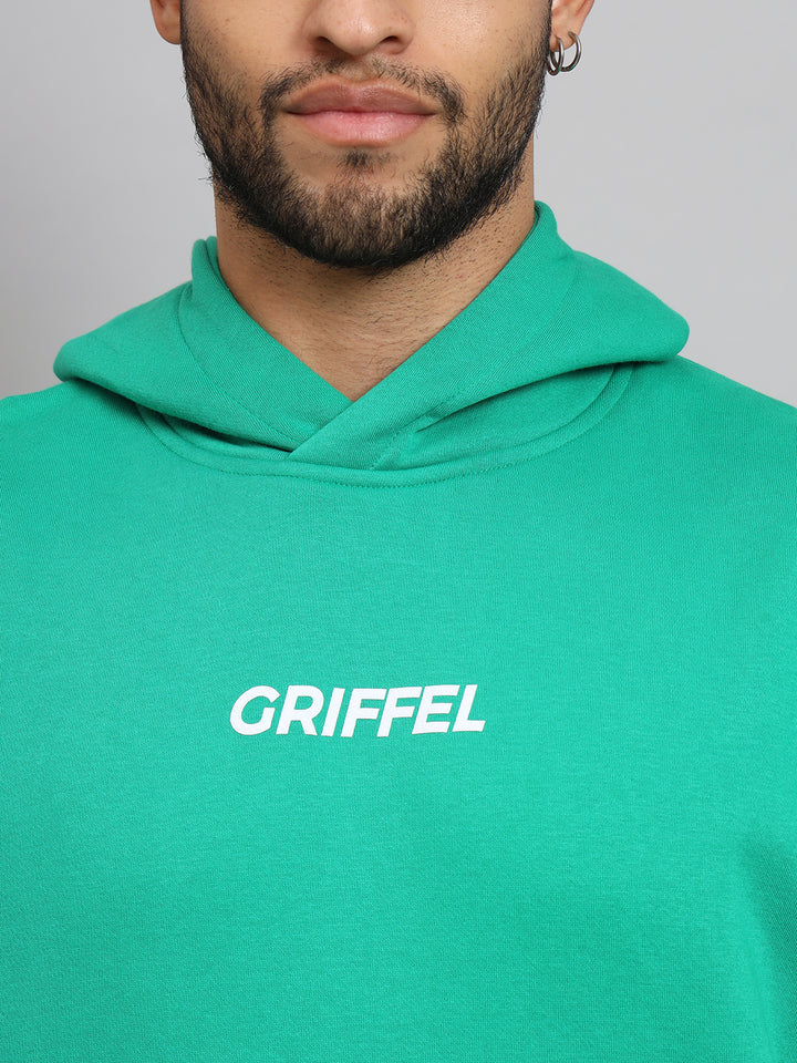Griffel Men's Bottle Green Front Logo Oversized Fleece Hoodie Sweatshirt - griffel