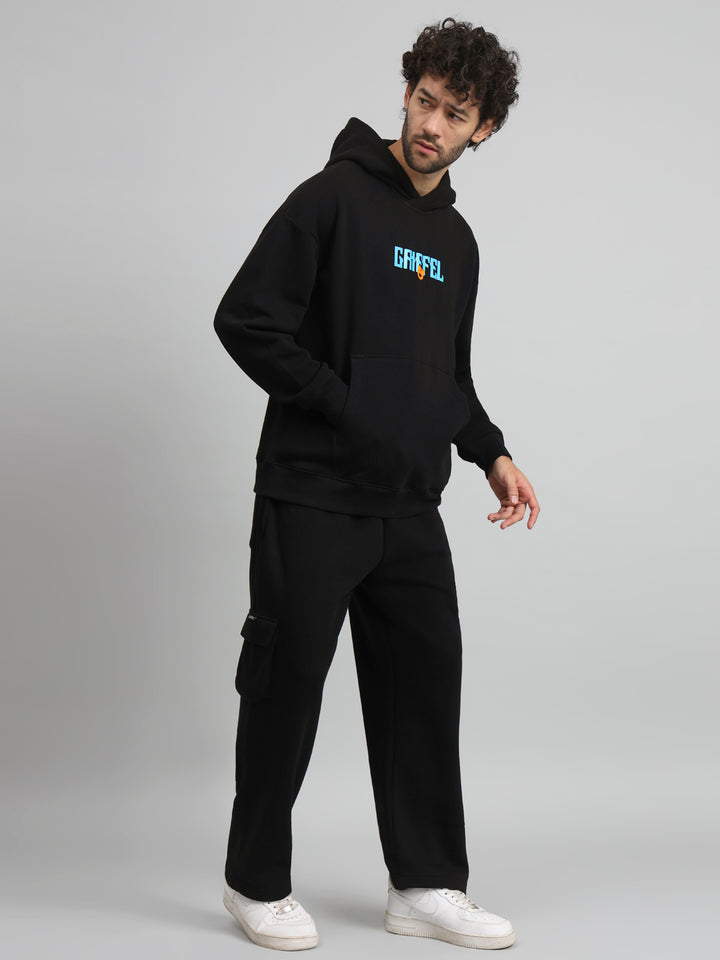 Griffel Men Oversized Fit New Era Print Front Logo 100% Cotton Black Fleece Hoodie and trackpant