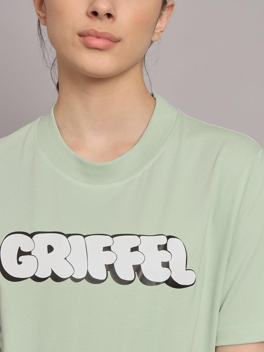 GRIFFEL Women Printed Loose fit Sea Green T-shirt - griffel