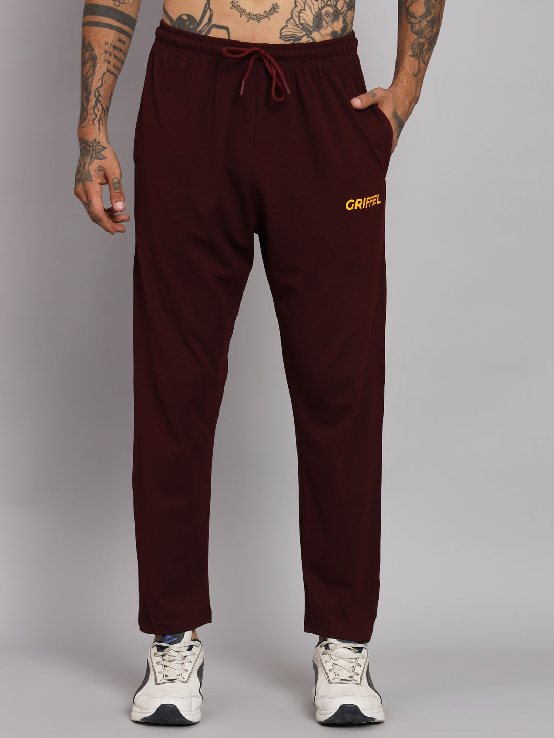 Griffel Men's Pre Winter Front Logo Solid Cotton Basic Hoodie and Joggers Full set Maroon Tracksuit