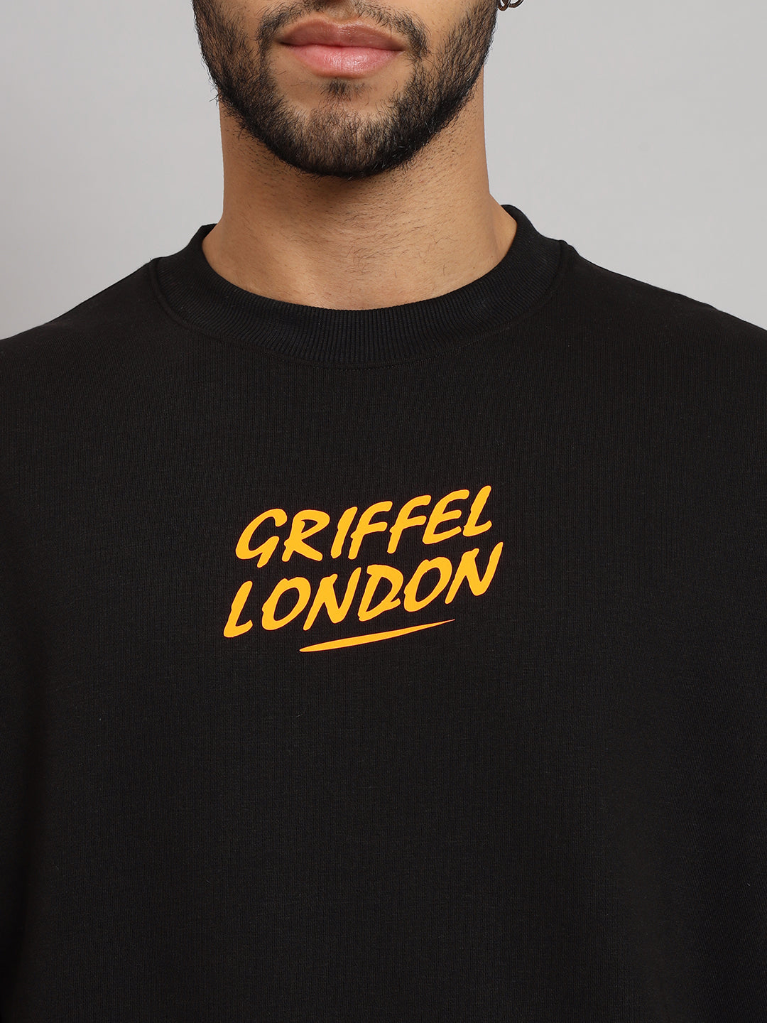 Griffel Men Oversized Fit WHO ARE YOU TO JUDGE GFL Print Round Neck 100% Cotton Fleece Black Tracksuit - griffel