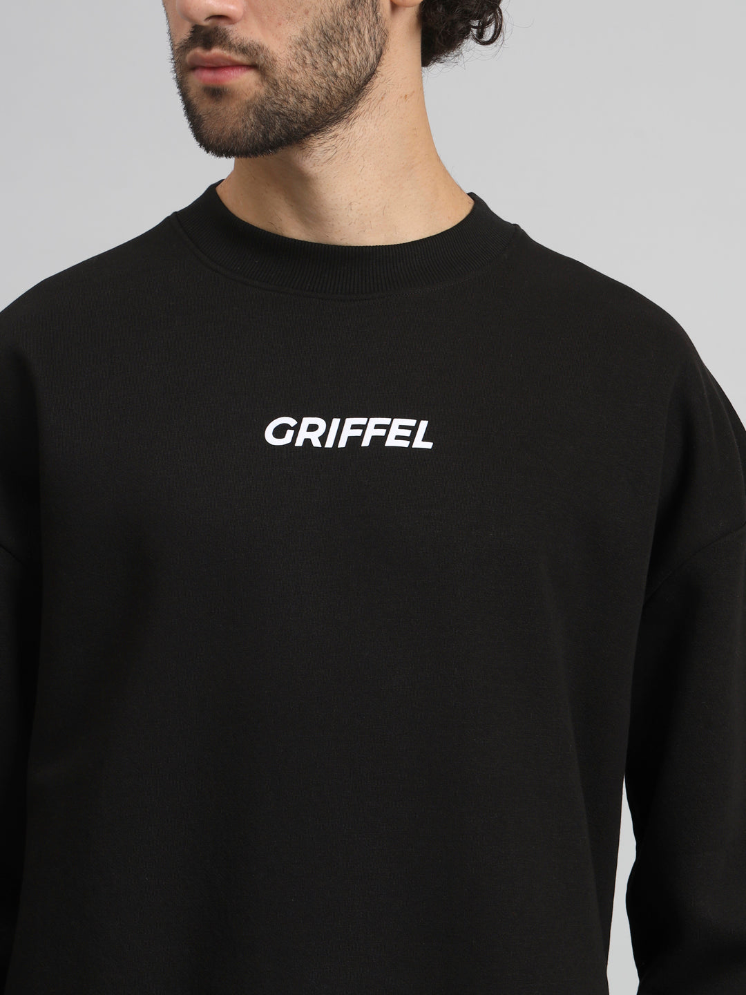 Griffel Men Oversized Fit Basic Round Neck 100% Cotton Fleece Black Tracksuit
