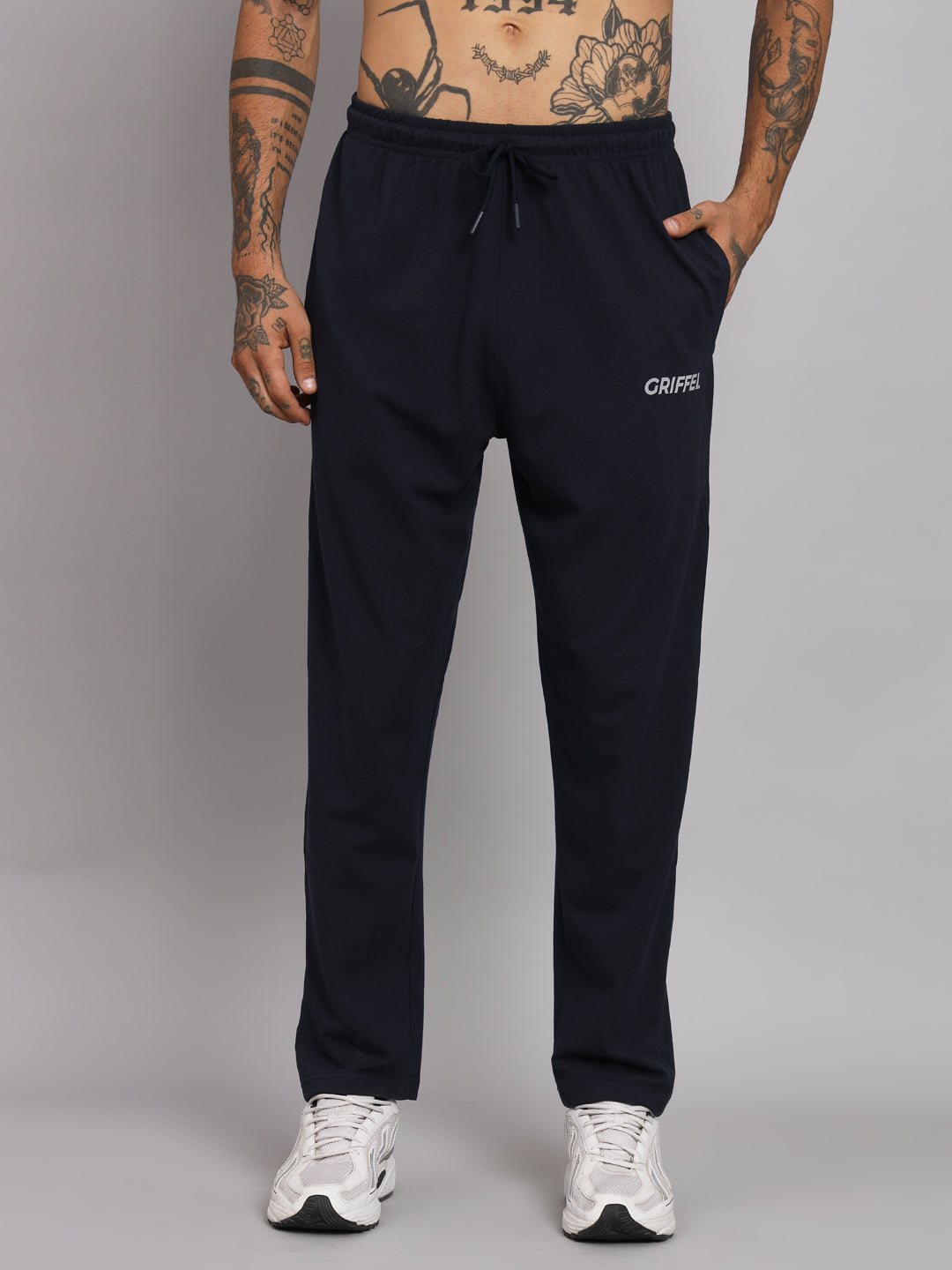 Griffel Men's Pre Winter Front Logo Solid Cotton Basic Hoodie and Joggers Full set Navy Tracksuit - griffel