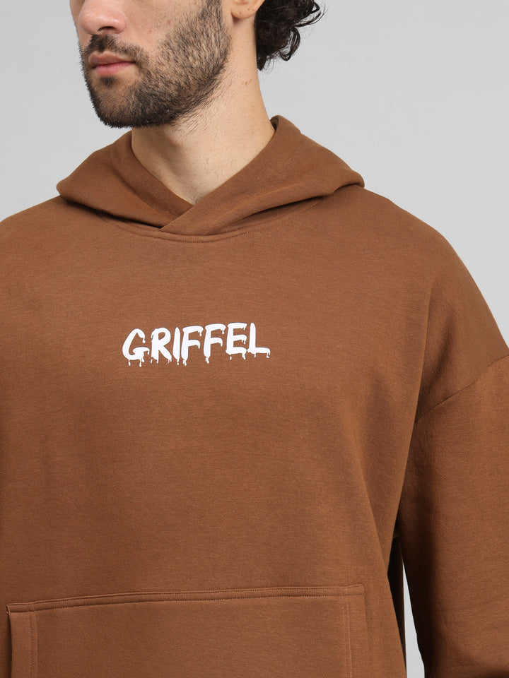 Griffel Men Oversized Fit Bear Family Print Front Logo 100% Cotton Brown Fleece Hoodie and trackpant