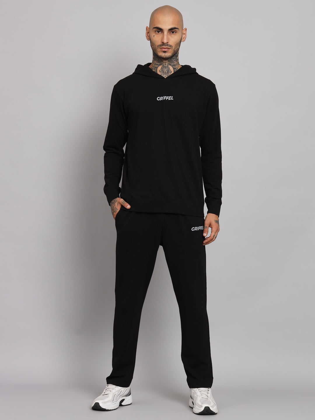 Griffel Men's Pre Winter Front Logo Solid Cotton Basic Hoodie and Joggers Full set Black Tracksuit - griffel