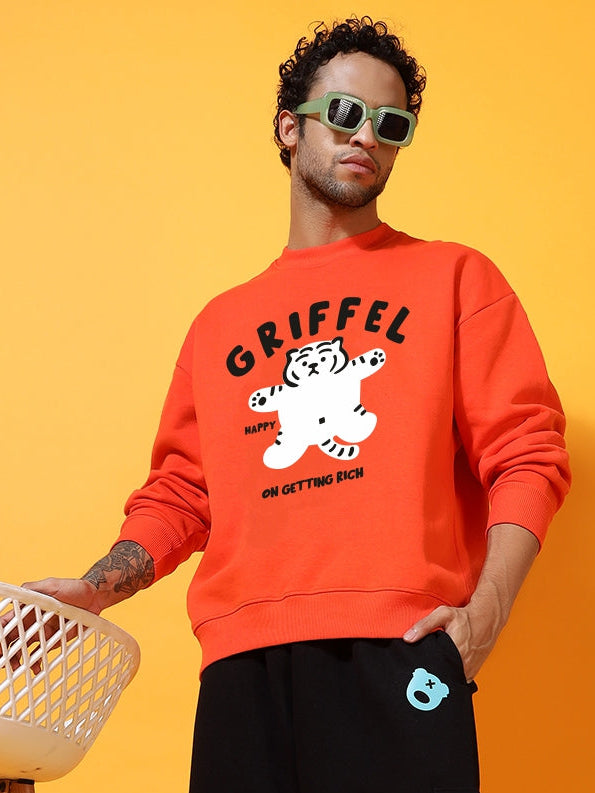 "Happy Tiger"Oversized Orange Cotton Fleece Round neck Sweatshirt