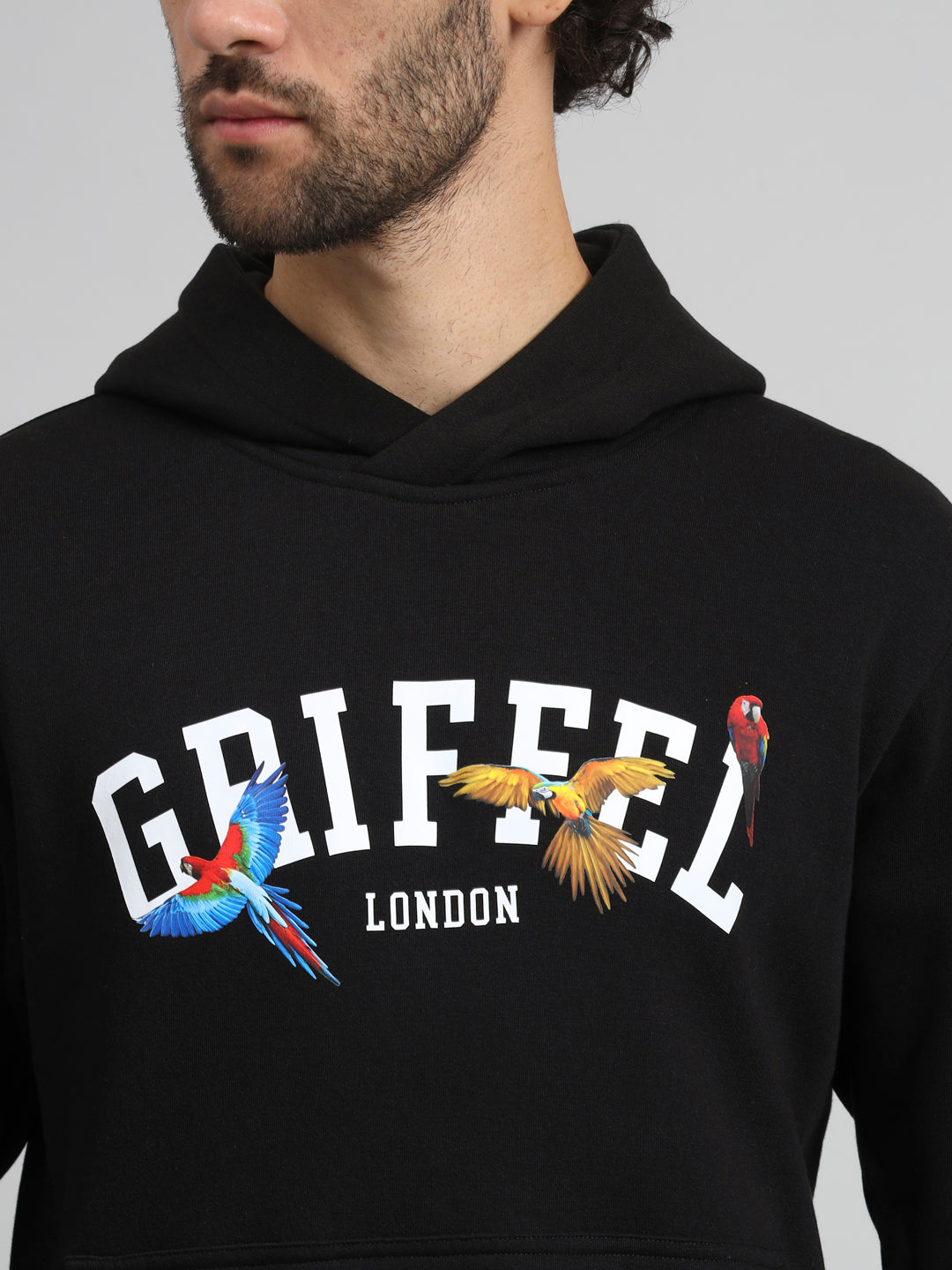 Griffel Men Regular Fit Birds Print Front Logo 100% Cotton Black Fleece Hoodie and trackpant