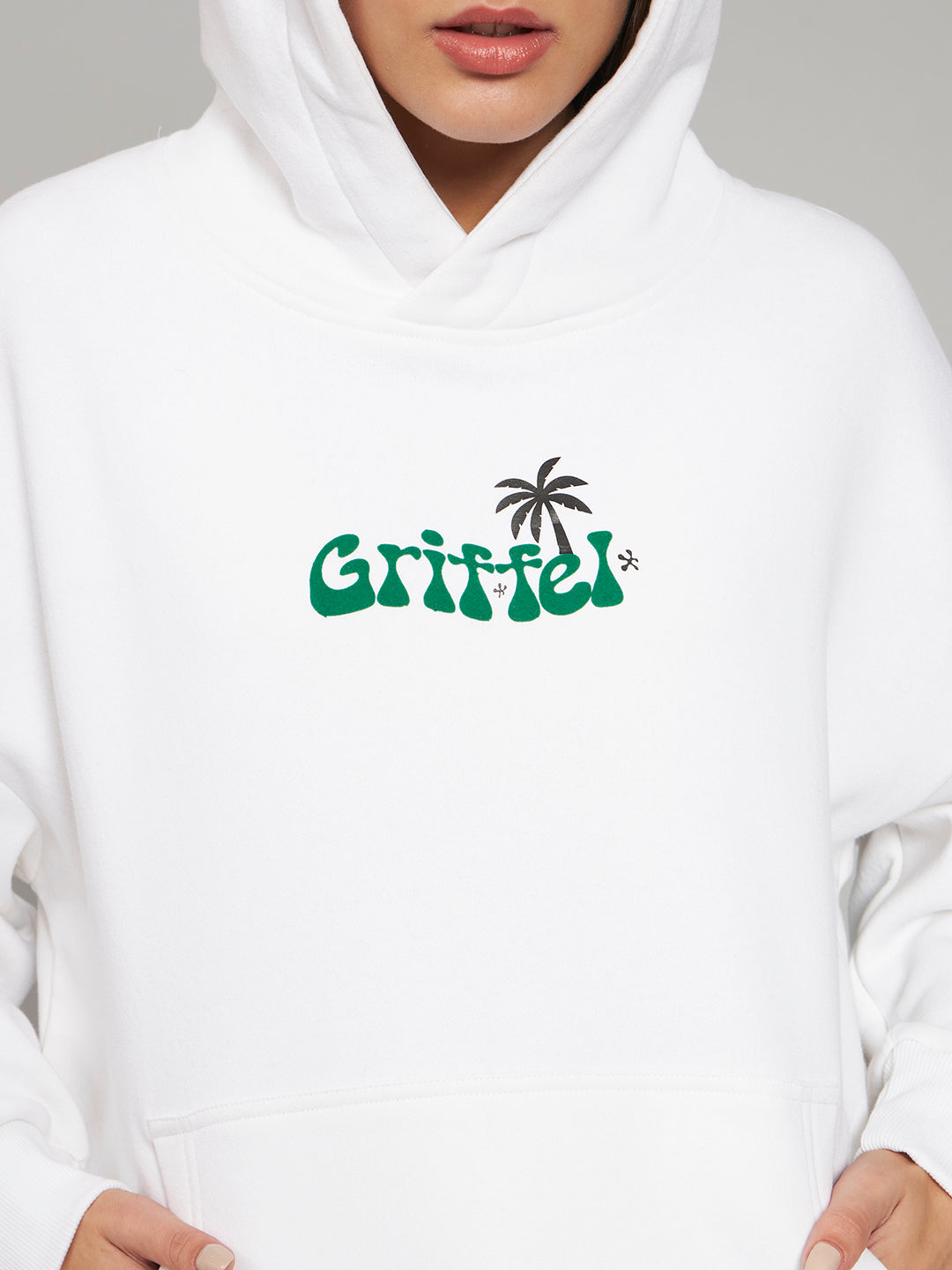 Griffel Women's White Meet Me Under the Palms Tree Oversized Fleece Hoodie Sweatshirt - griffel