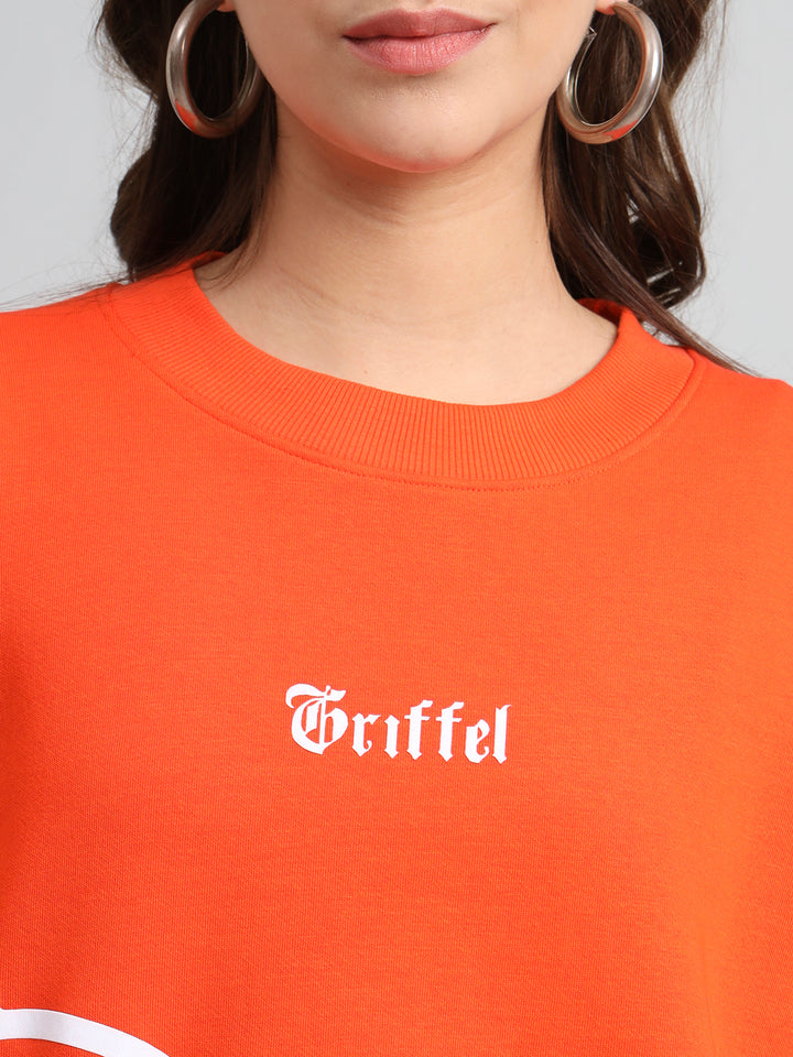Griffel Women Oversized Fit Teddy Print Round Neck 100% Cotton Fleece Orange Tracksuit - griffel