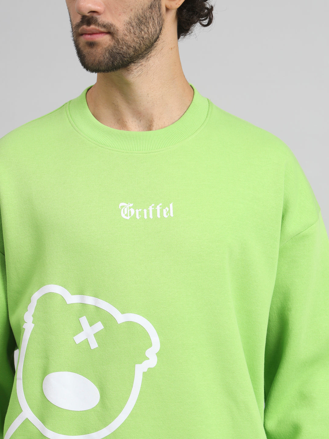 Griffel Men Oversized Fit Typography Teddy Print Round Neck 100% Cotton Fleece Black Tracksuit - griffel