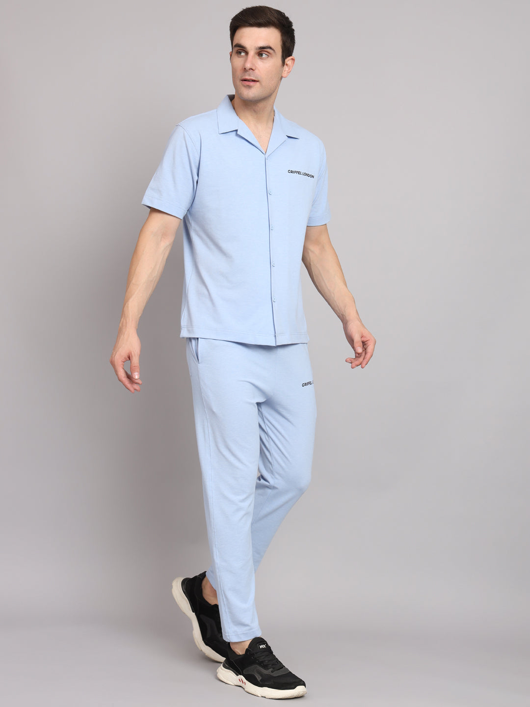 Griffel Men's Pre Winter Front Logo Solid Cotton Basic Sky Blue Bowling Shirt and Joggers Full Co-Ord Set - griffel