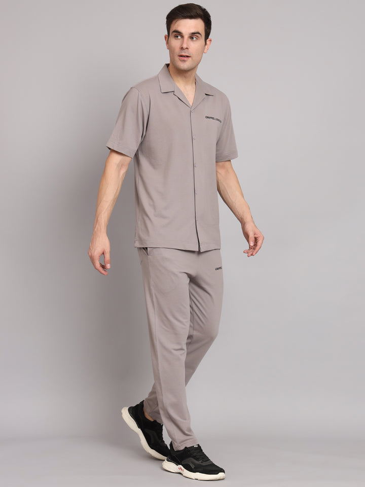 Griffel Men's Pre Winter Front Logo Solid Cotton Basic Steel Grey Bowling Shirt and Joggers Full Co-Ord Set - griffel