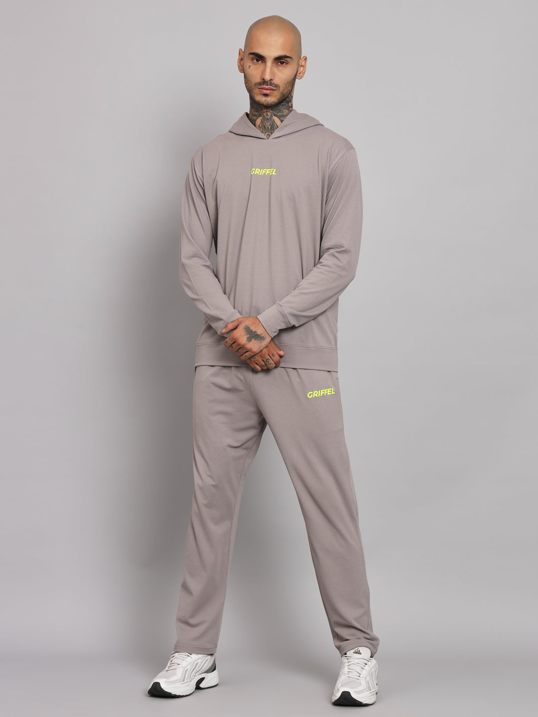 Griffel Men's Pre Winter Front Logo Solid Cotton Basic Hoodie and Joggers Full set Steel Grey Tracksuit - griffel
