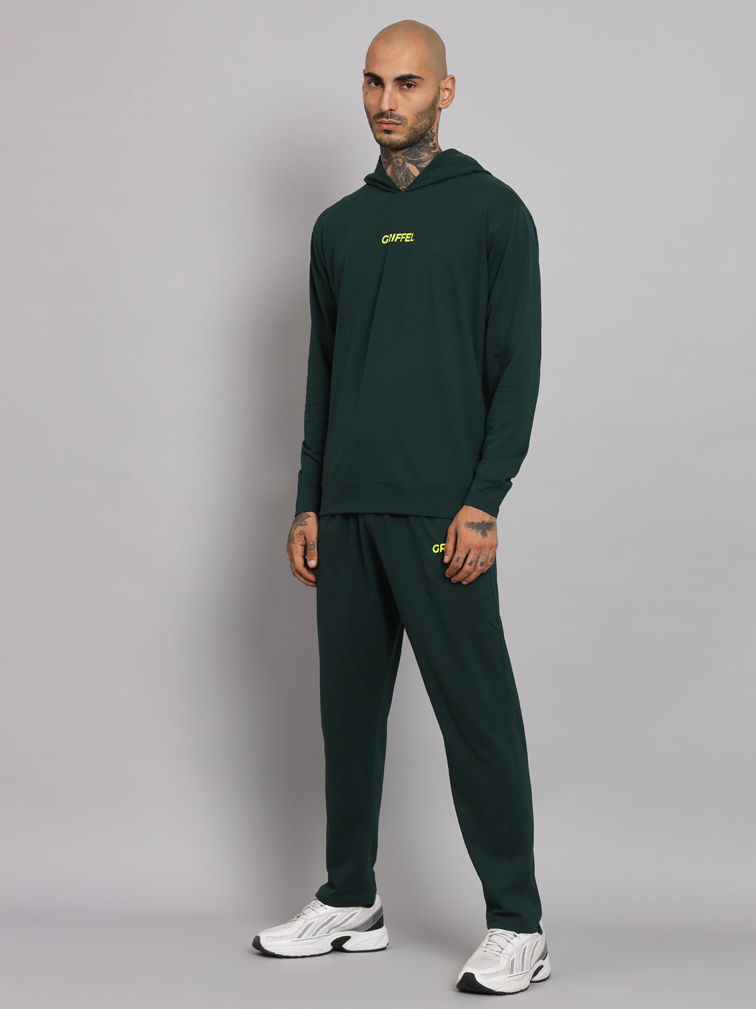 Griffel Men's Pre Winter Front Logo Solid Cotton Basic Hoodie and Joggers Full set Green Tracksuit - griffel