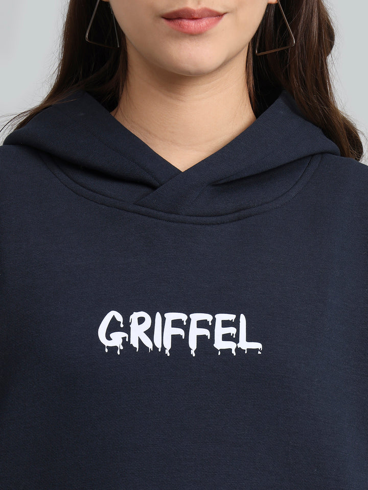 Griffel Women Oversized Fit Bear Family Print Front Logo 100% Cotton Navy Fleece Hoodie and trackpant - griffel