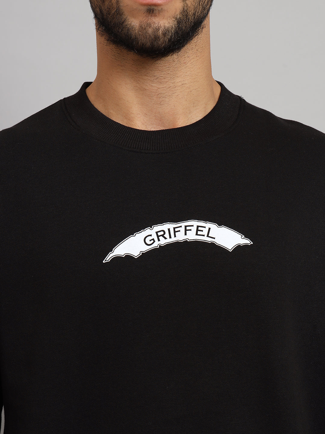Griffel Men's Black EYE Print Oversized Round Neck 100% Cotton Fleece Black Sweatshirt - griffel
