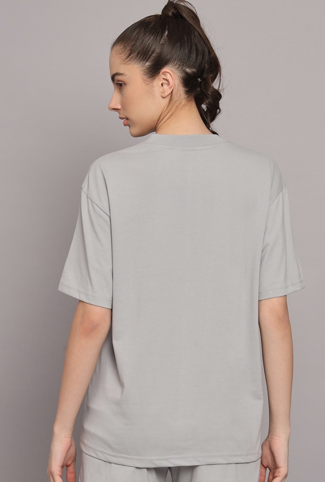 GRIFFEL Women Printed Loose fit Steel Grey T-shirt - griffel