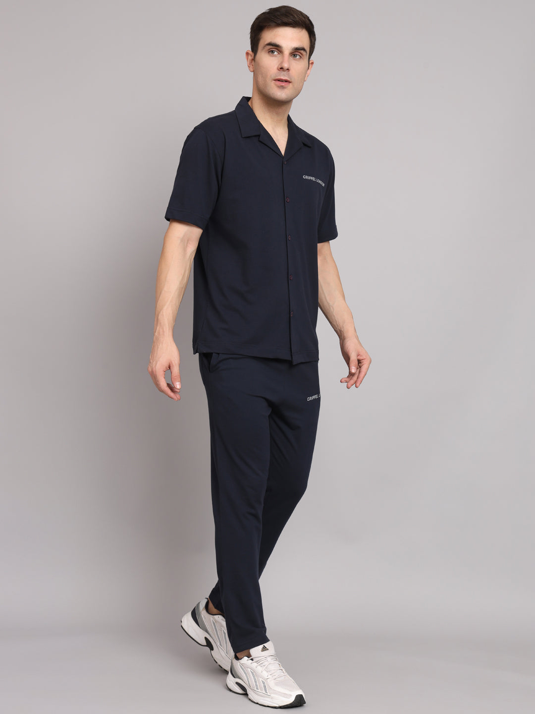 Griffel Men's Pre Winter Front Logo Solid Cotton Basic Navy Bowling Shirt and Joggers Full Co-Ord Set - griffel