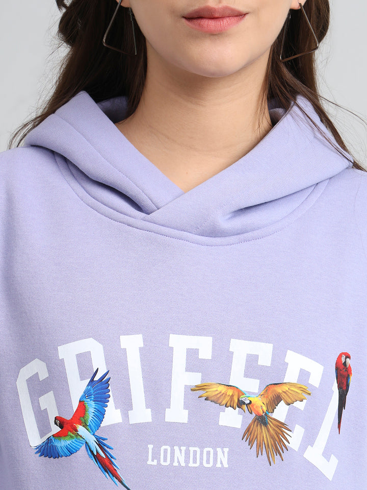 Griffel Women Regular Fit Birds Print Front Logo 100% Cotton Brown Fleece Hoodie and trackpant