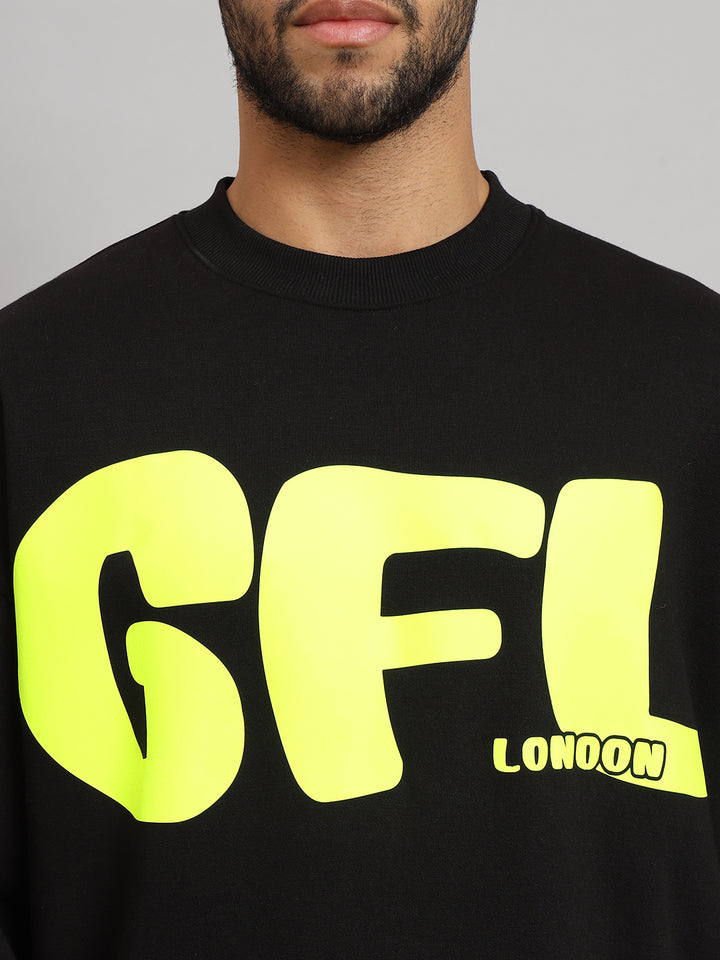 Griffel Men's Black GFL Print Oversized Round Neck 100% Cotton Fleece Black Sweatshirt - griffel