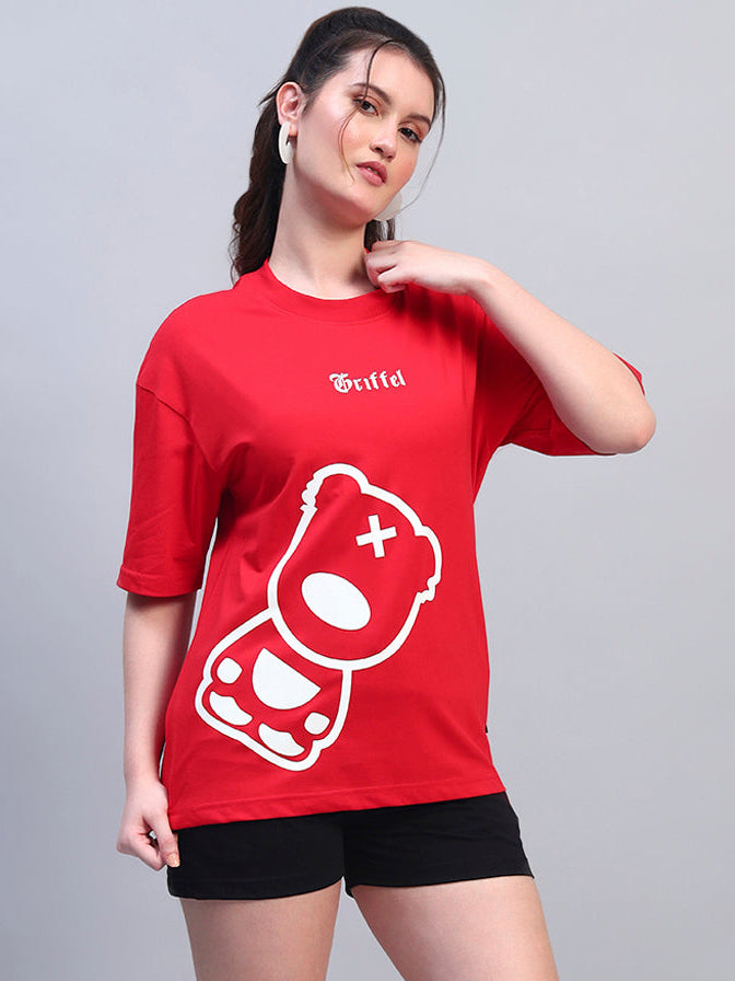 Red Love Side Teddy Oversized T-shirt Combo 🧸