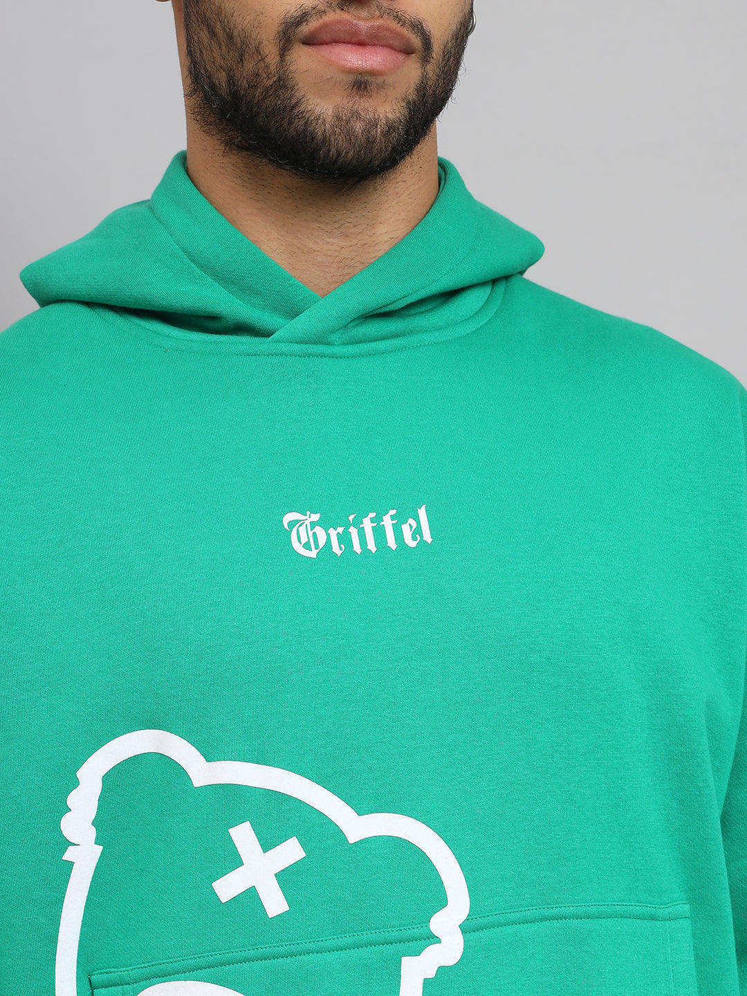 Griffel Men's TEDDY Logo Oversized Fleece Hoodie Bottel Green Sweatshirt - griffel