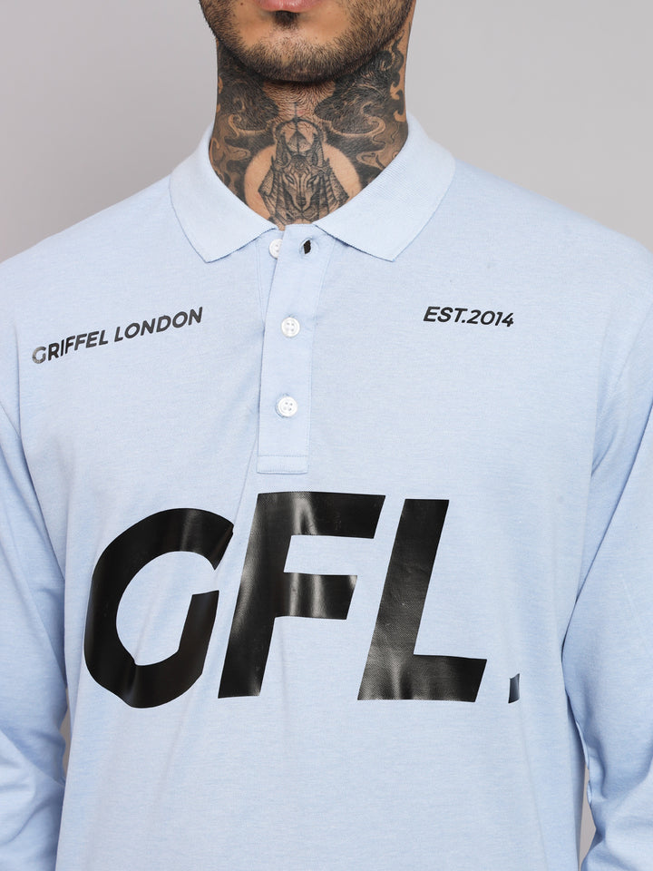 GRIFFEL Men's Sky Blue GFL Printed Cotton Full Sleeve Polo T-shirt