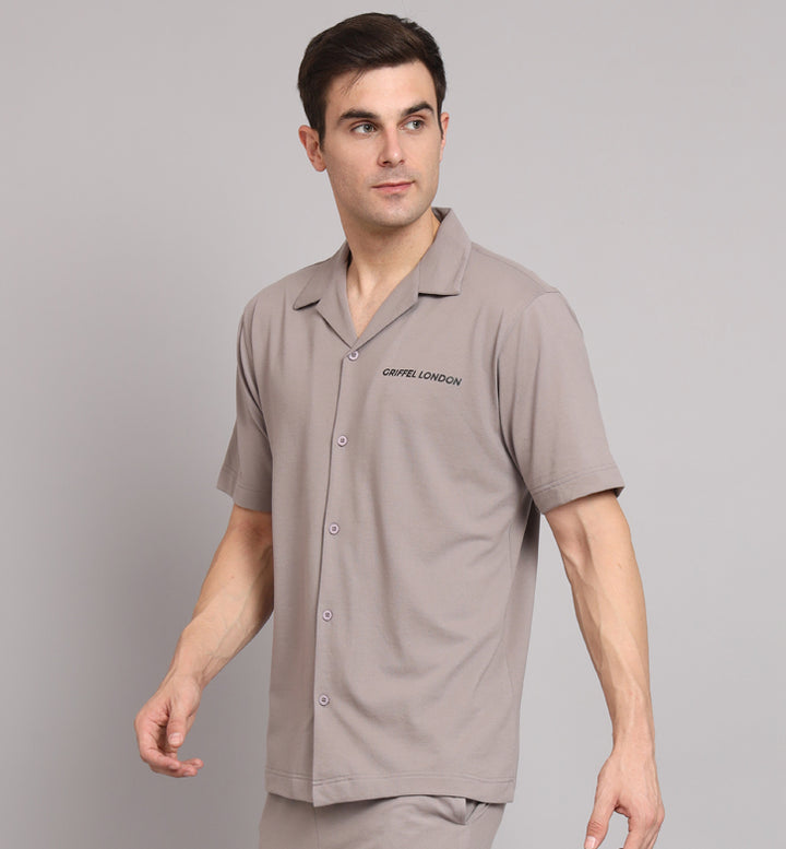 GRIFFEL Men Basic Steel Grey Regular Fit Cotton Bowling Shirt - griffel