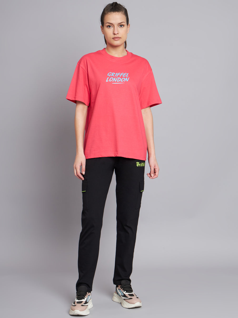 GRIFFEL Women Neon Pink Printed Oversized Loose fit T-shirt and Trackpant Set - griffel