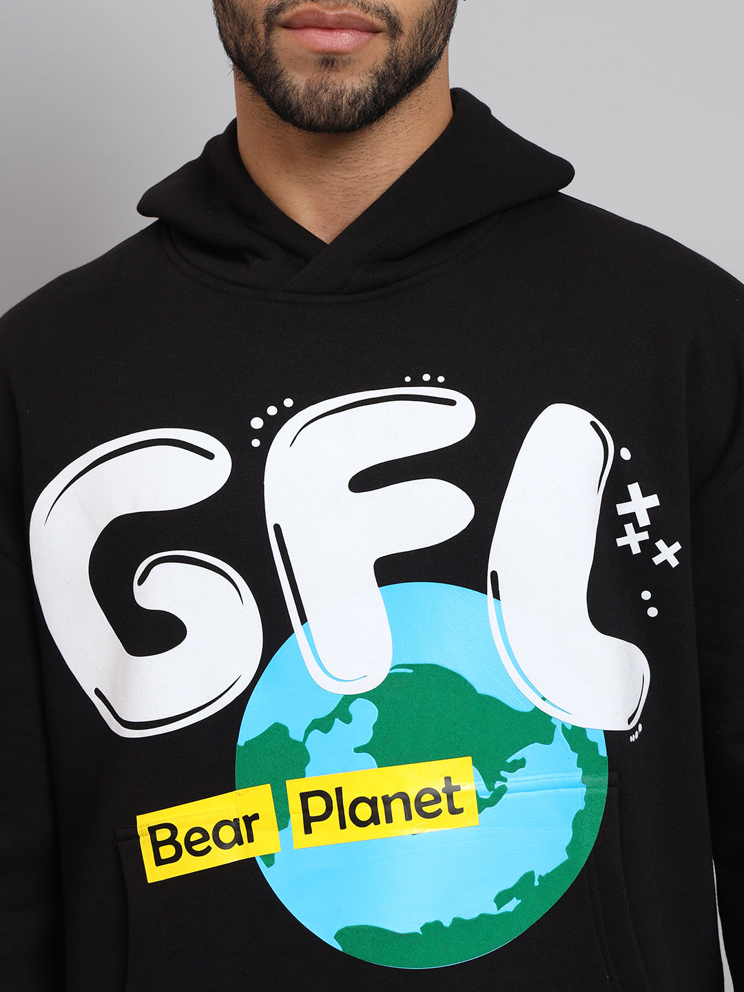 Griffel Men's EARTH Print Front Logo Oversized Fleece Hoodie Neon Black Sweatshirt - griffel