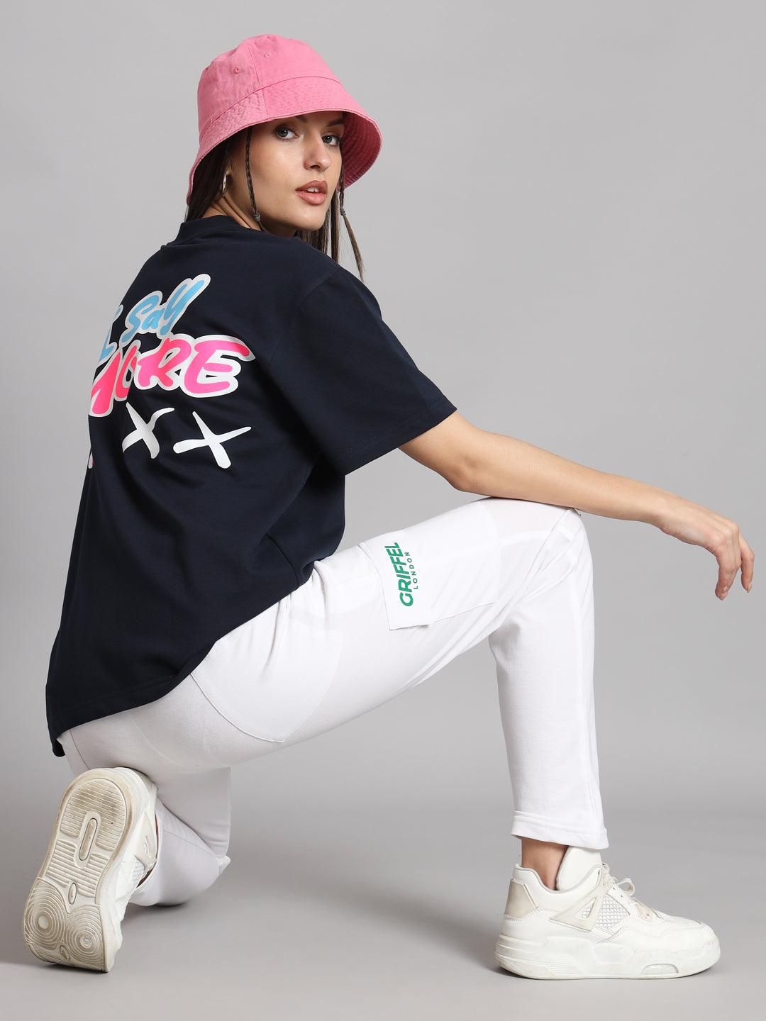 GRIFFEL Women I SAY MORE Printed Loose fit Navy T-shirt