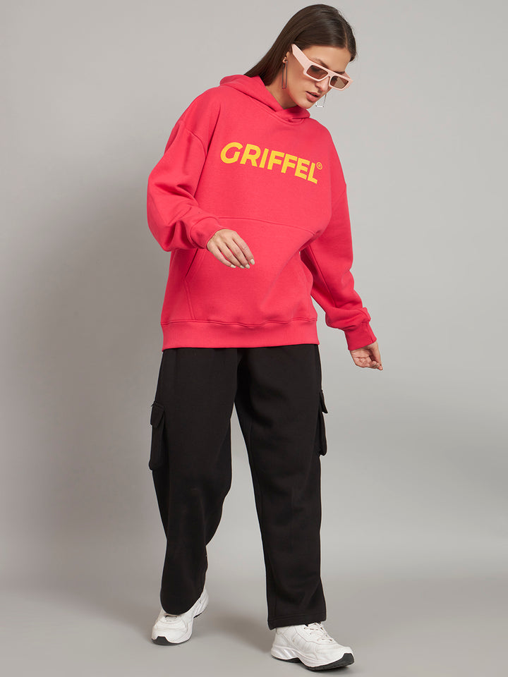 Griffel Women Oversized Fit Pink Cotton Front Logo Fleece Hoodie Sweatshirt with Full Sleeve - griffel