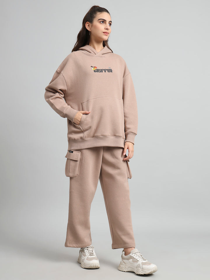 Griffel Women Oversized Fit Flower Print Front Logo 100% Cotton Camel Fleece Hoodie and trackpant - griffel